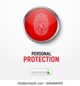 Design of a white banner with a red button with a fingerprint for protecting information. Vector illustration