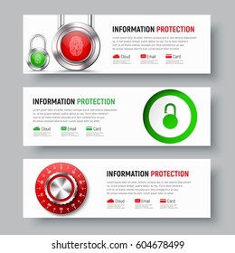 Design of white banners to protect data and information. Horizontal templates with padlock with a fingerprint and a mechanical combination lock and a button. Vector illustration