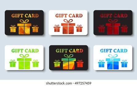 Design white and black gift cards. Templates with three boxes with gold, bronze, green and blue, colored polygonal abstract elements. Vector illustration. Set