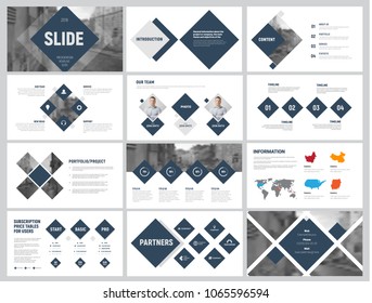 Design of white and black minimalistic slides for presentation with a diamond and a place for a photo. Business template, annual reports and brochures. Set