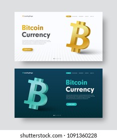 Design of a white and black site header with a gold and blue 3D coin-bitcoin icon. Vector web banner template with text and buttons for crypto currency