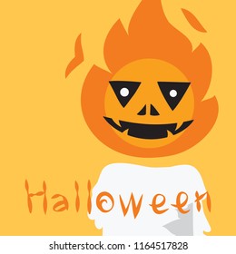 The design of the white candle with flames is a different face with the word Halloween on a orange background.