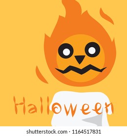 The design of the white candle with flames is a different face with the word Halloween on a orange background.