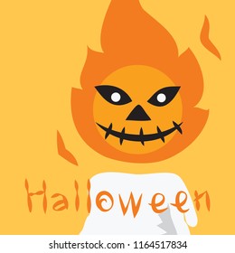 The design of the white candle with flames is a different face with the word Halloween on a orange background.
