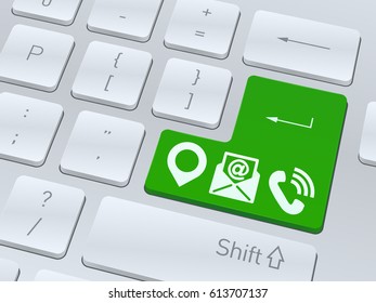 Design of white computer keyboard with address, phone and email symbols for your corporate projects. Vector illustration background.