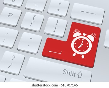 Design of white computer keyboard with alarm clock icon for your corporate projects. Vector illustration background.