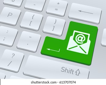 Design of white computer keyboard with email symbol for your corporate projects. Vector illustration background.