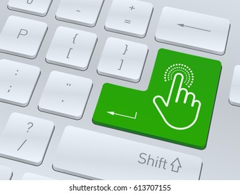 Design of white computer keyboard with hand click symbol for your corporate projects. Vector illustration background.