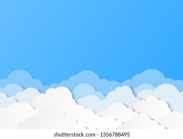 Design with white cumulus clouds in the sky. Paper cut design for cards, invitations, advertisements. Place for text. Vector illustration