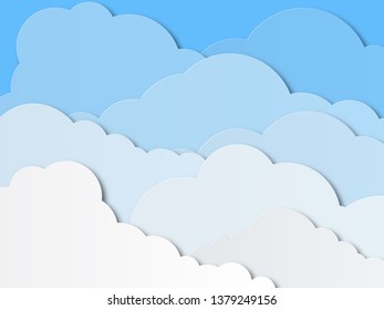 Design with white cumulus clouds in the sky. Paper cut design for cards, invitations, advertisements. Vector illustration