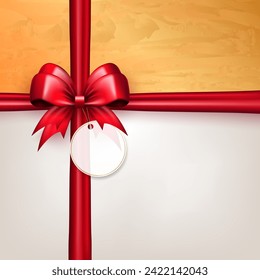 Design der weißen Geschenkbox mit 3D-rotem Seidenbogen mit gekreuztem Band, weißem Etikettenschild und goldenem Rahmen. Weihnachtsgrußkarte oder Banner mit realistischer Schleife mit Klebeband für die aktuelle Verpackung