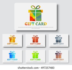 Design white gift card. Templates with a box and ribbon with colorful abstract elements. Vector illustration