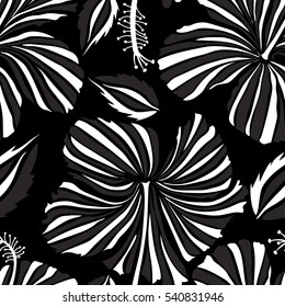 Design in white and gray colors for fabric, wedding or greeting cards. Vector hibiscus floral pattern. Watercolor hand drawing style on black background. Floral seamless pattern with hibiscus flowers.