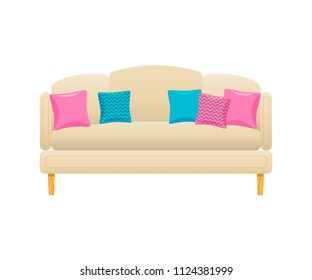 Design of a white leather sofa with cushions. Cushioned furniture. Furniture for rest, for an apartment, for a hotel, for an office. Flat style. Vector illumination. EPS 10
