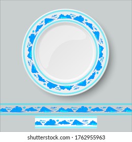 The design of the white plate is painted with colorful patterns. Typography colored ornament. Clouds in Chinese and Tibetan style. Decorative vector illustration for plates, saucers and other utensils