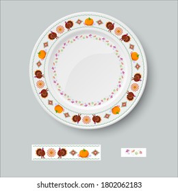 The design of the white plate is painted with multi-colored patterns. Colored typography ornament. Cartoon character Turkey with pumpkin. Decorative vector illustration of tableware and packaging.