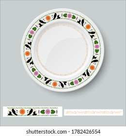 The design of the white plate is painted with ornaments in the Chinese style. Panda surrounded by sun and lotus. Decorative vector illustrations for plates, saucers and other utensils or packaging.