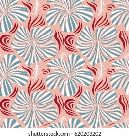 Design in white, red and blue colors for invitation, wedding or greeting cards, textile, prints or fabric. Vector hibiscus floral pattern. Floral seamless pattern hibiscus flowers, hand drawing style.