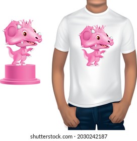 Design white round neck t-shirt with pink cute dinosaur print.illustration vector
