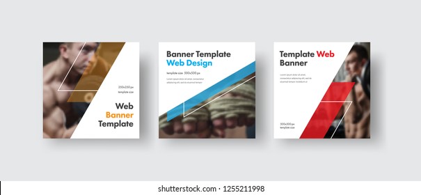 Design white square web banners for social media with place for photo, diagonal transparent color elements. Square templates for publications and advertising.