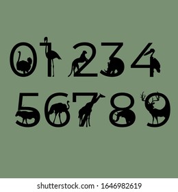 Design wildlife in numbers, Symbol set. Vector illustration,Numbers colourful set in vintage style. Vector elements illustration template for web design or greeting.