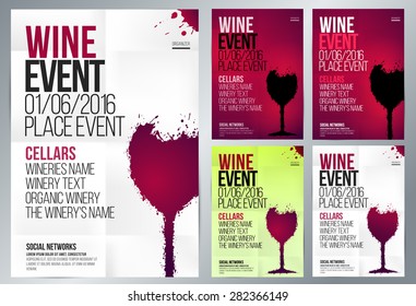 Design For Wine Event. Suitable For Poster, Promotional Flyer, Invitation, Banner Or Magazine Cover. Set Of Templates With Various Colors. Background Texture Folded Paper. Vector. Editable By Layers.