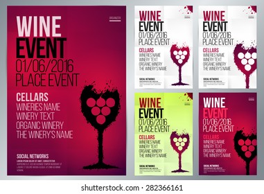 Design For Wine Event. Suitable For Poster, Promotional Flyer, Invitation, Banner Or Magazine Cover. Set Of Templates With Various Colors. Background Texture Folded Paper. Vector. Editable By Layers.