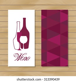 Design for wine event. Suitable for poster, promotional flyer, invitation, banner or magazine cover. Wine concept design. Document template. Bottle wine list with geometric background.