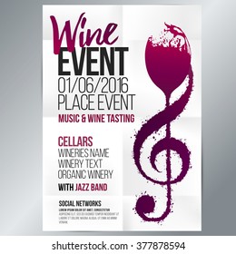 Design for wine event. Suitable for poster, promotional leaflet, invitation, banner or magazine cover. Background texture folded paper. Vector. Editable by layers.