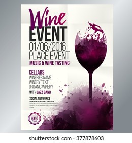 Design for wine event. Suitable for poster, promotional leaflet, invitation, banner or magazine cover. Background texture folded paper. Vector. Editable by layers.