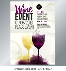 Design for wine event. Suitable for poster, promotional leaflet, invitation, banner or magazine cover. Background texture folded paper. Vector. Editable by layers.