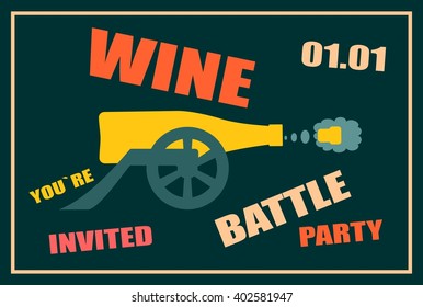 Design for wine event. Suitable for poster, promotional leaflet, invitation, banner or magazine cover. Wine battle party. Ancient wine bottle cannon shoot