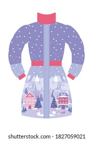 Diseño de un abrigo de invierno con un paisaje invernal. Plantilla de vector