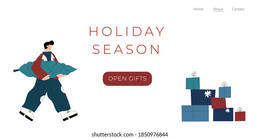 Design winter holiday season landing page template. Merry Christmas and Happy New year website layout. Hand drawn people character with christmas tree, present and gift box. Trendy vector illustration