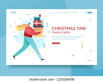 Design winter holidays landing page template. Merry Christmas and Happy New year website layout. Flat people characters with present and goft box. Trendy illustration for holiday offer banner. Vector.