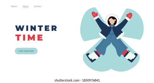 Erstellen Sie eine Vorlage für die Winterzeit-Zielseite. Frohe Weihnachten und Glück Neues Jahr Website-Layout. Handgezeichnete Menschen, die Schneegel machen. Trendy Illustration für Urlaub bieten Banner. Vektorgrafik
