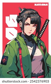 design of woman carrying katana with modern Japanese style