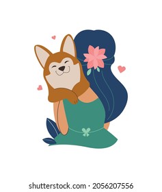 El diseño es una mujer y un perro enamorado. El cachorro es un amor husky es bueno para la amistad y el día de las mascotas, pegatinas, Días Nacionales, camisas, tarjetas de vacaciones. Ilustración vectorial

