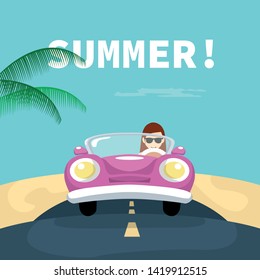 Design woman driving her car on the beach