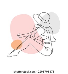 Design of woman sunbathing on the beach for summer in line art style