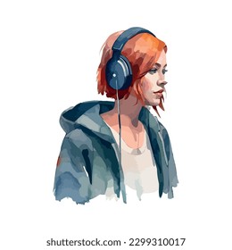 Design of woman wearing headphones over white