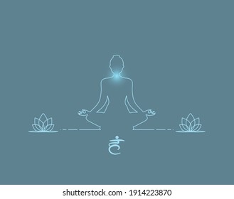 
Gestaltung der Silhouette einer Frau in Meditationsposition (Padmasana Lotusand Throat Chakra) in minimalistischer Linearität