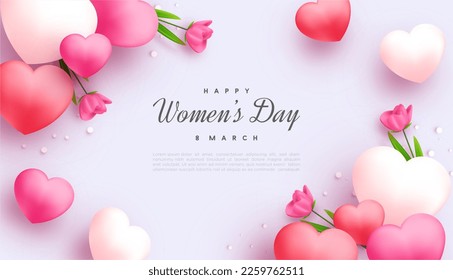 Design for women's day with illustration of love balloons and beautiful stem flowers. Premium vector background for banner, poster, social media greeting.