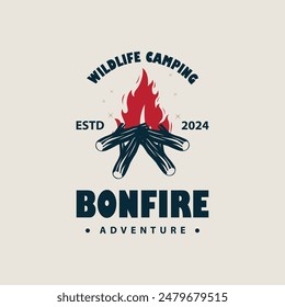 Design wood and fire, logo campfire bonfire vector camping adventure vintage illustration