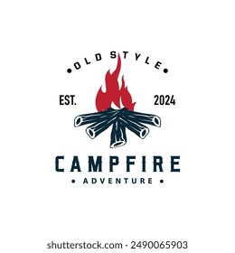 Diseño de leña y fuego, logotipo hoguera Vector camping aventura ilustración vintage