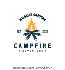 Design wood and fire, logo campfire bonfire vector camping adventure vintage illustration