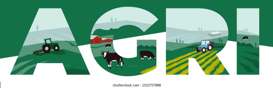 Diseño de la palabra AGRI con ilustración de la agricultura en el interior. Vector con tierras de labranza, pastos, vacas, construcciones agrícolas, tractores de riego, paisaje. Plantilla para banner, volante, afiche, impresión, informe