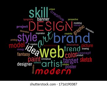 Design word cloud. Creative concept. Collage made of words. Vector colorful illustration. Isolated on black background.