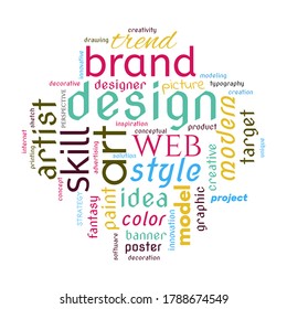 Design word cloud. Creative concept. Collage made of words. Vector colorful illustration. Isolated on white background.