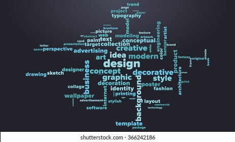 DESIGN word cloud. Dark blue tag cloud. Vector graphics illustration.